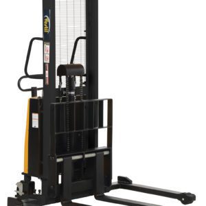 The black Vestil Adjustable Stacker W/Powered Lift 63 In, with long metal forks and a protective guard, includes a handle and wheels for efficient pallet lifting and movement.