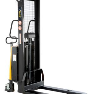 The Vestil Fixed Stacker W/Powered Lift 63 In has a yellow and black design with handles, a hydraulic lift system, extended forks, safety signs, and a grated protective guard. Its ideal for efficiently moving and stacking pallets in warehouses.