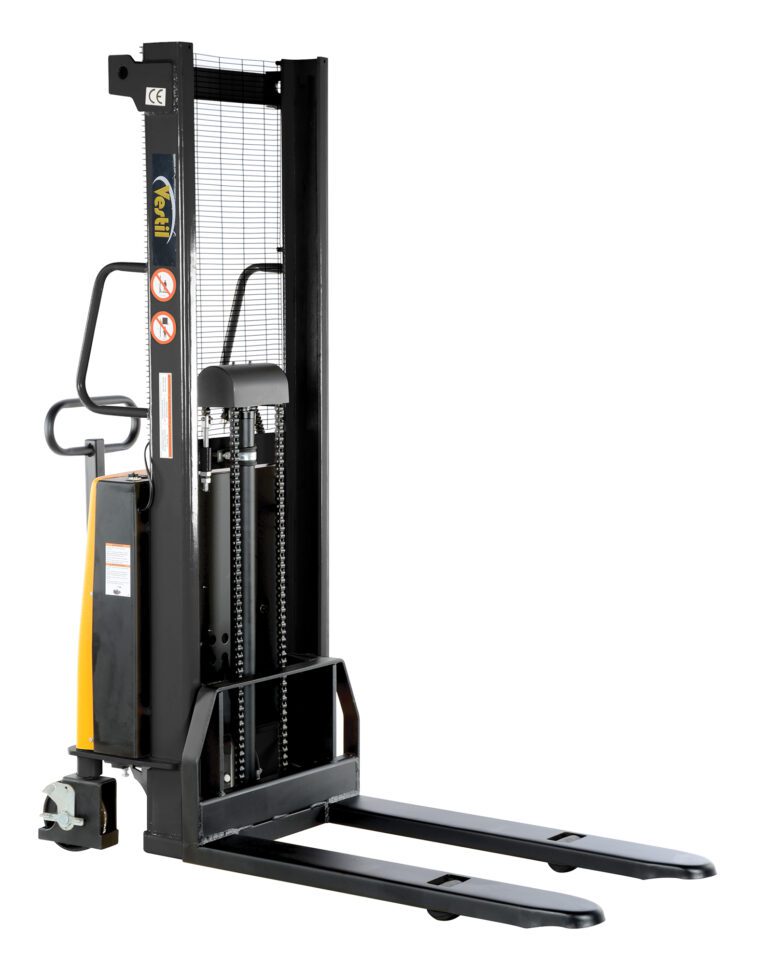 SL-63-FF_A.jpg The Vestil Fixed Stacker W/Powered Lift 63 In has a yellow and black design with handles, a hydraulic lift system, extended forks, safety signs, and a grated protective guard. Its ideal for efficiently moving and stacking pallets in warehouses.