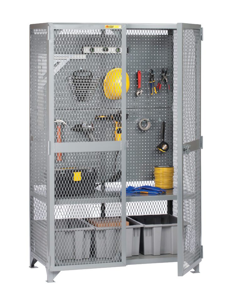 The Little Giant Tool Storage Locker with Pegboard or Louvered Panel showcases organized contents: a yellow hard hat, neatly arranged tools, coiled cables, and storage bins on the bottom shelf, all enclosed in a sturdy metal mesh frame.