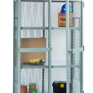A Little Giant All-Welded Storage Locker with an adjustable shelf, featuring open doors, shows four tiers containing a cardboard box, two hard hats, a toolbox, and small containers. The gray metal mesh cabinet stands securely on a flat surface.