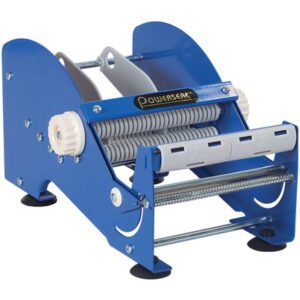 The MH-USA 6 Table Top Label Dispenser by Powerseal boasts a metal cutter, rubber grips, and adjustment knobs for efficient packing tape handling and cutting.