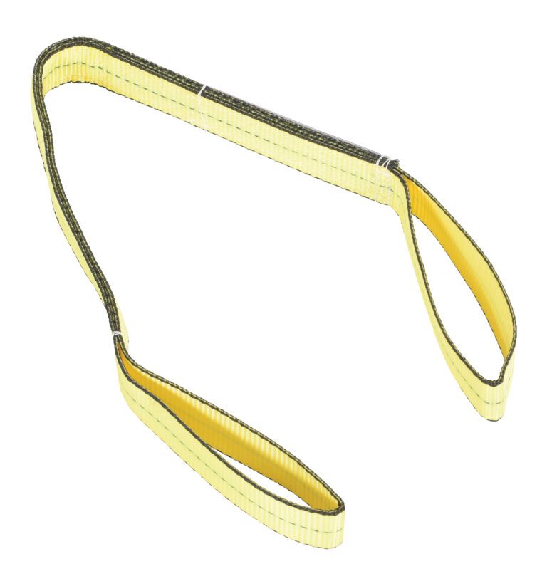 SLD-2-F-4-YL_A.jpg The Vestil Poly Yellow Lift Web Sling, 2 In x 4 Ft, has reinforced end loops and vertical stitching. Its flat, elongated nylon shape is displayed diagonally on a white background for heavy lifting.