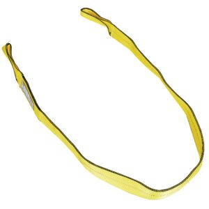 The Vestil Poly Yellow Lift Web Sling, made of durable yellow nylon with black stitching and measuring 3 in x 10 ft, features loops at each end and is shown in a loose, elongated shape on a white background.