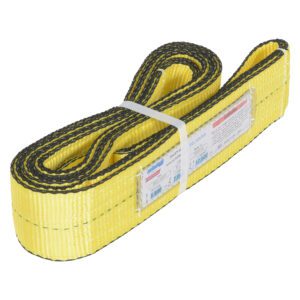 The Vestil Poly Yellow Lift Web Sling 3 In X 8 Ft is a durable, coiled yellow sling with black stitching and edges. It has a white plastic tie and labeled text/symbols on one side, designed with a heavy-duty woven texture.