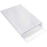 An angled view of a plain white 12 x 16 x 2 Expandable Ship-Lite® envelope (100/case) displays its partially open flap with the adhesive strip against a white backdrop.