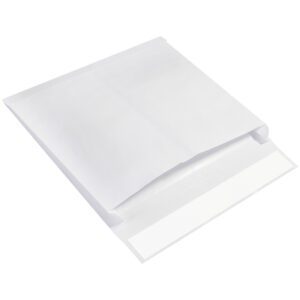 A plain white square envelope with an open flap, revealing an adhesive strip, rests against a white background. This is a 12 x 16 x 2 expandable Ship-Lite® envelope from the convenient case of 100, ideal for bulk mailing needs.