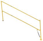 The Vestil Safety Lift Gate 72 In is a yellow industrial safety railing with diagonal and vertical bars, adjustable joints, and a spring mechanism, offering temporary protection in construction or industrial settings.