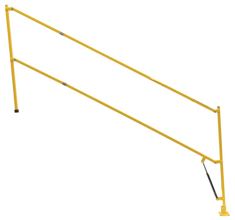 The Vestil Safety Lift Gate 72 In is a yellow industrial safety railing with diagonal and vertical bars, adjustable joints, and a spring mechanism, offering temporary protection in construction or industrial settings.