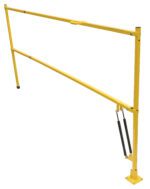The Vestil Safety Lift Gate 96 In is a yellow gate with a telescoping design, top rail, and angled support bar. It stands on a base plate and includes two black springs for stability and control.