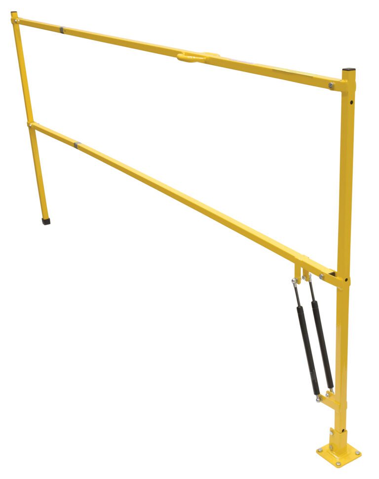The Vestil Safety Lift Gate 96 In is a yellow gate with a telescoping design, top rail, and angled support bar. It stands on a base plate and includes two black springs for stability and control.