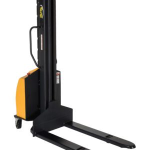The Vestil Stacker Narrow Mast Fix Fork 118 In 1.5K, featuring a striking yellow and black design, can lift up to 118 inches. Equipped with black forks and base wheels for mobility, it effectively handles pallets in warehouses or industrial settings with a capacity of 1.5K lbs.