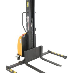 The Vestil Stacker Narrow Mast Adj Forks 63 In 1K offers a vertical lifting mechanism with a yellow base and adjustable black forks featuring yellow-black stripes, expertly maneuvering pallets up to 63 inches in warehouses.