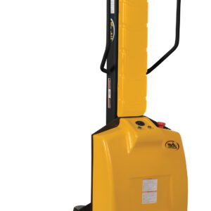 The Vestil Stacker Narrow Mast Fix Forks 63 In 1K has a yellow and black design with fixed forks, a narrow mast, and offers a 63-inch reach with a 1,000-pound lifting capacity. Ideal for efficiently moving pallets in warehouses or storage facilities.