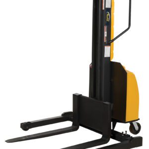 The Vestil Stacker Narrow Mast Adj Forks 98 In 1.5K features a vertical lift, adjustable forks, and a distinctive yellow-black design, efficiently handling pallets up to 98 inches high in warehouses while supporting loads of 1.5K pounds.