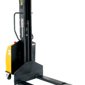 The Vestil Stacker Narrow Mast Fix Forks 63 In 1.5K, in yellow and black, provides an industrial electric solution for warehouses. It efficiently lifts up to 1,500 pounds, maneuvering smoothly on wheels with its narrow mast and fixed forks.
