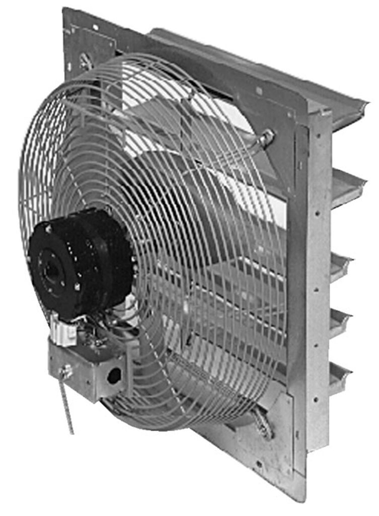 A black-and-white image shows the Vestil Shutter Mounted Exhaust Fan 18In Blade within a protective wire cage. The fan is securely mounted on a metal frame, featuring horizontal louvers behind it to regulate airflow efficiently.