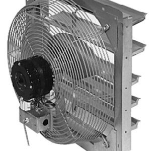 The image shows a Vestil Shutter Mounted Exhaust Fan 24In Blade in black and white, featuring metal blades in a sturdy frame, with its protective grille, motor housing, and adjustable louvers visible behind the blades.