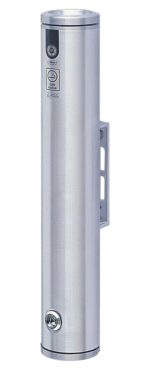 The Vestil Bollard-Smokers-Aluminum 19 In is a wall-mounted, cylindrical stainless steel ashtray with a top slot for cigarette disposal and a bottom lock. It features clear instructions and symbols near the top for easy use.