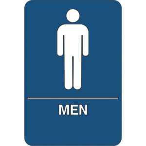 The MH-USA Men Restroom ADA compliant sign is blue and rectangular, showcasing a white human figure above bold MEN letters.