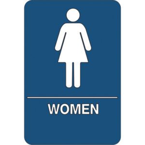 The MH-USA Women Restroom ADA Compliant Plastic Sign is a blue rectangular sign with WOMEN in white and a white silhouette of a woman, symbolizing a womens restroom for accessibility and clarity.
