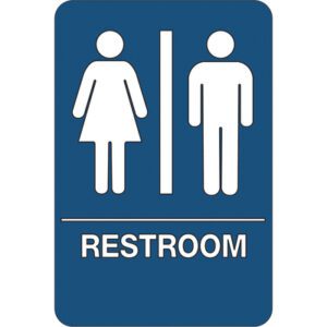 The MH-USA Men/Women Restroom ADA Compliant Plastic Sign is blue, featuring white icons of a man and a woman separated by a vertical line, with RESTROOM in bold white capital letters beneath.