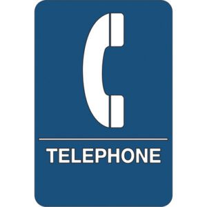 The MH-USA Telephone ADA Compliant Plastic Sign is blue and rectangular, featuring a white telephone handset icon above the bold white capitalized word TELEPHONE, underscored by a horizontal line, ensuring accessibility for all.
