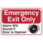 The MH-USA Emergency Exit Only... 6 x 9 sign has white text on a red background with a black alarm graphic and red sound waves, warning that an alarm will activate if the door is opened, ensuring safety and compliance.