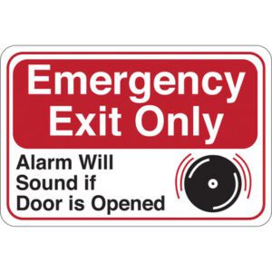 The MH-USA Emergency Exit Only... 6 x 9 sign has white text on a red background with a black alarm graphic and red sound waves, warning that an alarm will activate if the door is opened, ensuring safety and compliance.