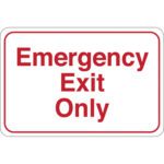 The MH-USA Emergency Exit Only 6 x 9 Facility Sign is white with bold red text centered in a red border, ensuring clear visibility for emergencies.
