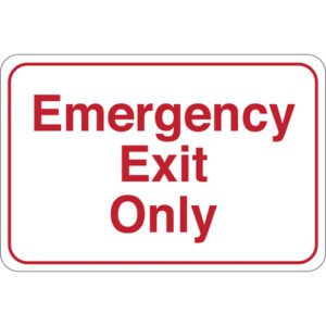 The MH-USA Emergency Exit Only 6 x 9 Facility Sign is white with bold red text centered in a red border, ensuring clear visibility for emergencies.