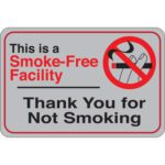 The MH-USA Smoke-Free Facility 6 x 9 Sign has a gray backdrop with This is a Smoke-Free Facility in black and red text. A no-smoking icon appears on the right, and the bottom states, Thank You for Not Smoking.