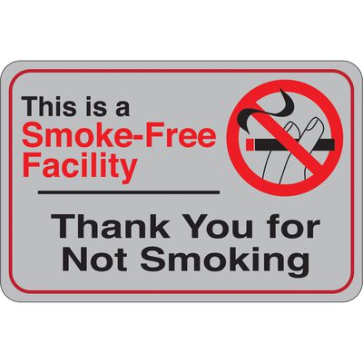 SN208.jpg The MH-USA Smoke-Free Facility 6 x 9 Sign has a gray backdrop with This is a Smoke-Free Facility in black and red text. A no-smoking icon appears on the right, and the bottom states, Thank You for Not Smoking.
