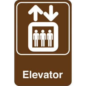 The MH-USA Elevator 9 x 6 Facility Sign features a brown background with white icons and text, showing an elevator symbol with three people inside and arrows pointing up and down.