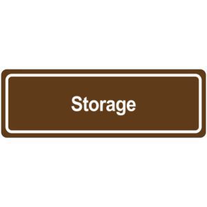 The MH-USA Door Sign - Storage is a brown rectangle featuring crisp white text, blending functionality with elegant design, making it a perfect addition to any organized space.