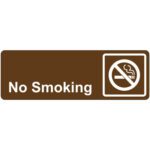 The MH-USA Door Sign - No Smoking features a brown rectangular design with bold white No Smoking text. To the right, a white circle with a diagonal line crosses out a cigarette icon, clearly indicating smoking is prohibited.