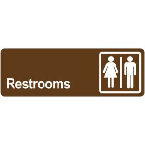 A brown MH-USA Door Sign labeled Restrooms features white icons of a male and female, separated by a vertical line, signaling a gender-neutral restroom.