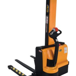 The Vestil Stacker Narrow Mast Pwr Drive Adj 62 In features a narrow mast and power drive in classic orange and black. This electric unit has a long steering handle, adjustable 62-inch horizontal forks for pallet lifting, and safety labels on its vertical section.