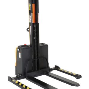 The Vestil Stacker Pwr Lift/Dr Fix Frk 62In Adj Leg is an electric model in yellow and black, with 62-inch forks and a vertical mast. It has a rear control handle, side warning stripes, and is ideal for efficiently lifting pallets in warehouses.