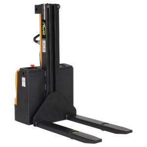 The yellow and black Vestil Stacker Pwr Lift/Dr 27 In Fix Frk 90 In features long, front-extended forks and vertical metal columns for lifting, making it ideal for maneuvering pallets in warehouses or industrial settings.