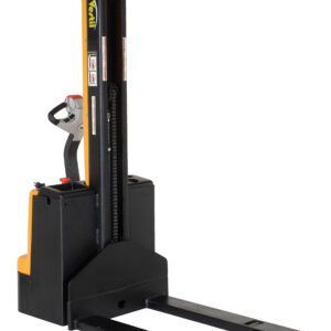 The image shows a yellow and black Vestil Stacker Pwr Lift/Dr Fix Frk 62In 1500 Lb electric pallet stacker with long metal forks for efficient lifting and transporting of pallets, featuring a rear-positioned control handle.