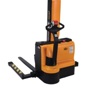 The orange and black Vestil Stacker is an electric pallet stacker with a vertical handle, wheels, yellow-striped forks, and control buttons for easy lifting and moving of up to 3000 lbs.
