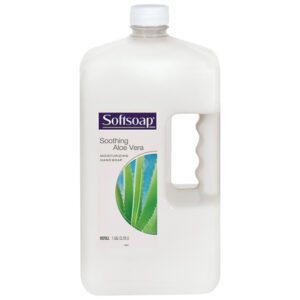 A large 1-gallon refill bottle of Softsoap® with Aloe, perfect for moisturizing and featuring a built-in handle. The label highlights aloe vera leaves.