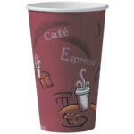 The 16 oz. maroon Solo® Paper Hot Cups feature a Bistro Design with a steaming cup, muffin, café scene, and the words Café Espresso in elegant light text, available in packs of 300 per case.
