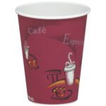 A maroon 8 oz. Solo® Paper Hot Cup featuring a Bistro design with a steaming cup, chair, and muffin. Café and Espresso embellish the cup—perfect for enjoying your brew. Sold 1000 per case.