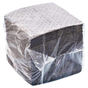 The MH-USA Universal Sorbent Pads are medium-sized, 16 x 18, gray, with a dotted texture. Sold as a compact stack of 100 per case wrapped in transparent plastic, these pads are ideal for efficiently tackling spills.