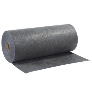 The MH-USA Universal Sorbent Roll - 32 x 150, Medium, features a perforated dark gray absorbent material ideal for industrial or cleaning tasks. Its medium thickness and partially unrolled cylindrical shape reveal a sturdy cardboard core.