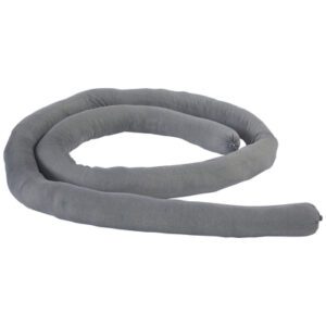 A long, flexible gray foam tube shaped like a coiled snake resembles the MH-USA Universal Sorbent Socks - 3 x 120, Heavy (6/Case). It looks soft on a white background and absorbs liquids efficiently.