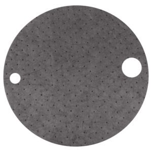 The MH-USA Universal Sorbent Drum Toppers feature a round, gray fabric with a perforated texture and two circular cutouts—a small one on the left edge and a larger one on the right—perfectly designed for 22 drums (25/Case).