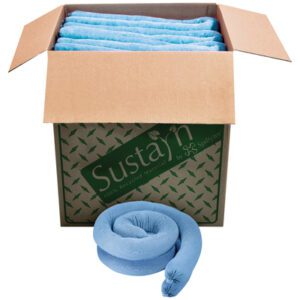 A cardboard box labeled Sustain contains multiple light blue MH-USA Oil Only Sorbent Socks - 3 x 48 (40/Case), each designed for maximum absorbency, with one sock displayed in front to highlight its quality.